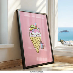 Cute Ice Cream Unicorn Wall Art, Kawaii Unicorn Print, Whimsical Kids Room Decor, Sweet Treats Art, Pastel Nursery Art, Unique Unicorn Gift - Tawshia