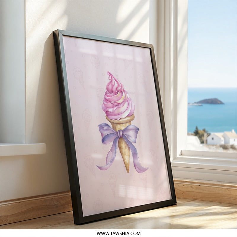 Ice Cream Framed Wall Art, Pink Dessert Decor, Sweet Treat Print, Bow Art, Kitchen Wall Art, Foodie Gift, Pastel Wall Art, Nursery Decor - Tawshia