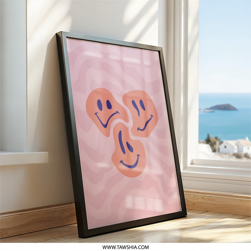 Retro Smiley Face Wall Art, Pink Wave Print, Groovy Decor, Trendy Wall Decor, Home Decor, Y2K Inspired Art, Smiles Art, Positive Vibes - Tawshia