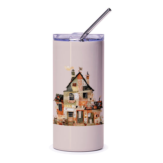 Whimsical Patchwork House Tumbler, Cute Cottagecore Decor, Colorful Drinkware, Quirky Home Gift, Unique Travel Mug, Housewarming Gift - Tawshia