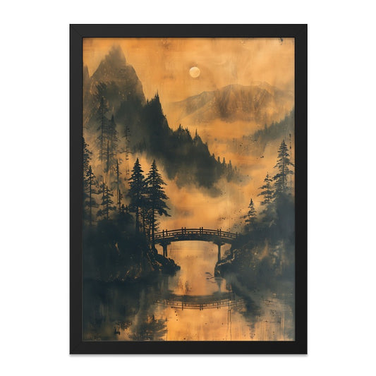 Mountain Bridge Wall Art, Asian Landscape Print, Peaceful Scenery Poster, Nature Home Decor, Serene River Painting - Tawshia