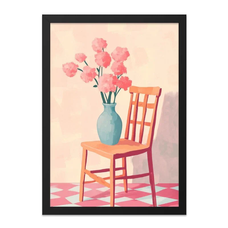 Floral Still Life Wall Art, Chair and Flowers Print, Pink Flowers Art Print, Vase of Flowers Wall Decor, Cozy Home Art, Framed Art - Tawshia