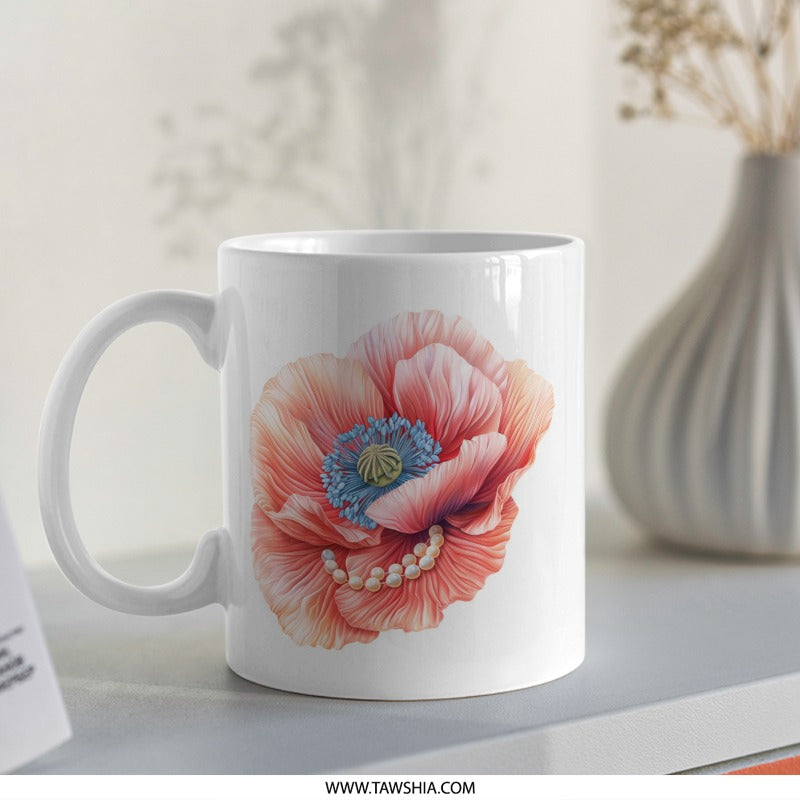 Floral Mug, Poppy Flower Mug, Elegant Mug, Botanical Mug, Pearl Accent Mug, Gift for Her, Flower Lover, Coffee Mug, Tea Mug, Unique Mug - Tawshia
