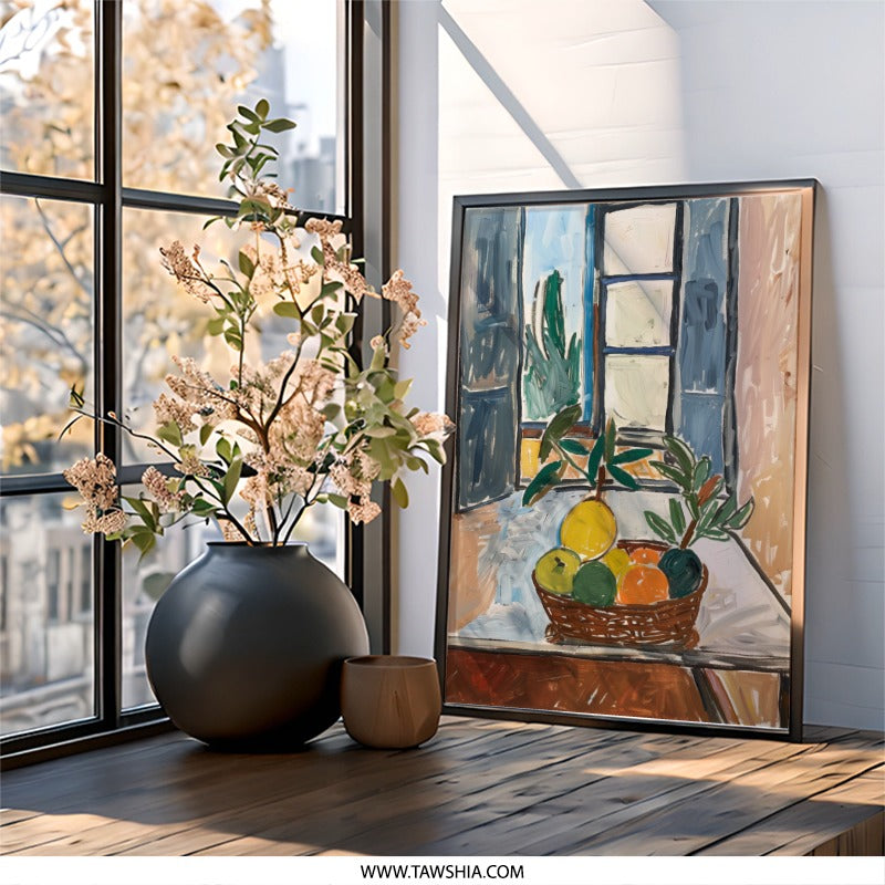 Still Life Wall Art, Fruit Basket by Window, Impressionist Painting Print, Colorful Home Decor, Kitchen Art, Vibrant Wall Hanging - Tawshia