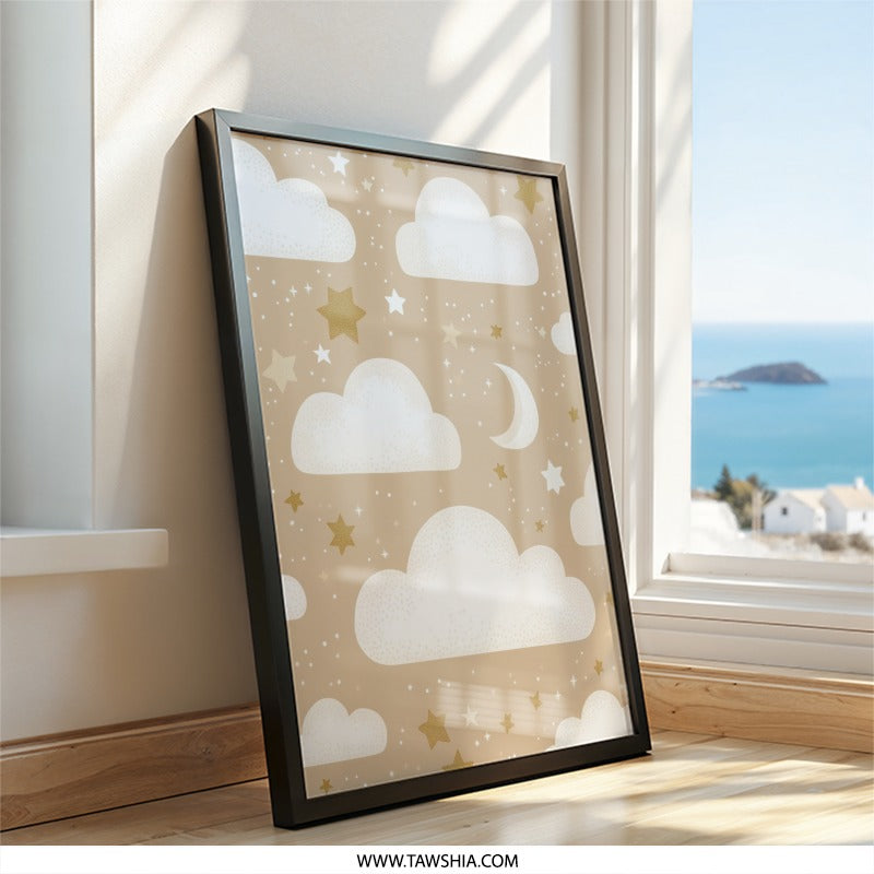 Dreamy Night Sky Wall Art, Cloud and Star Decor, Celestial Nursery Art, Kids Room Decor, Moon Art Print, Beige Nursery Wall Art - Tawshia