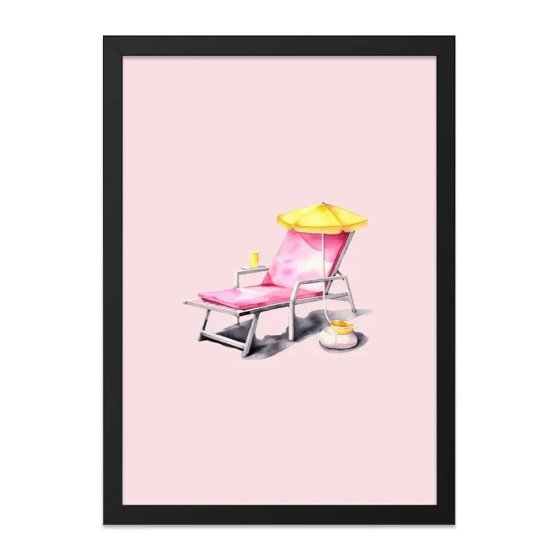 Beach Chair Wall Art, Summer Vibes Print, Tropical Relaxation Decor, Pink and Yellow Art, Vacation Getaway Poster, Dreamy Beach Scene - Tawshia