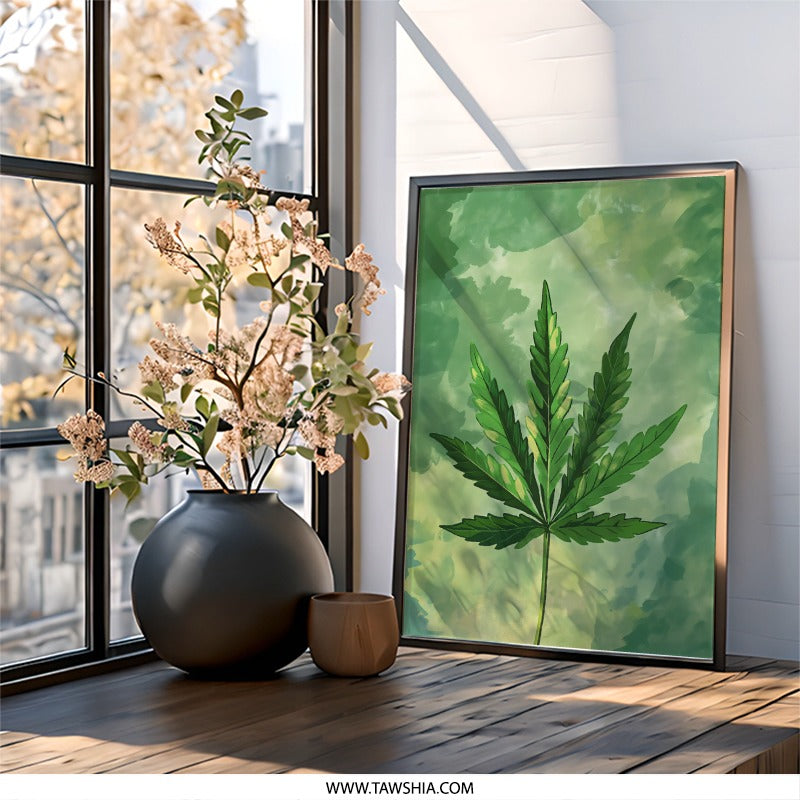 Watercolor Cannabis Leaf Wall Art, Green Plant Print, Botanical Home Decor, Modern Weed Art, Marijuana Poster, Legalization Art - Tawshia