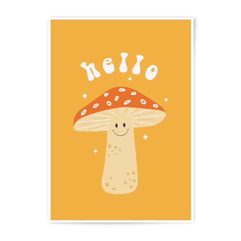 Smiling Mushroom Photographic Print, Retro Wall Art, Cute Fungi Decor, Hello Print, 70s Style Illustration, Whimsical Art - Tawshia
