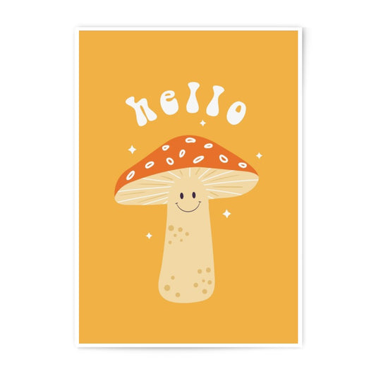 Smiling Mushroom Photographic Print, Retro Wall Art, Cute Fungi Decor, Hello Print, 70s Style Illustration, Whimsical Art - Tawshia