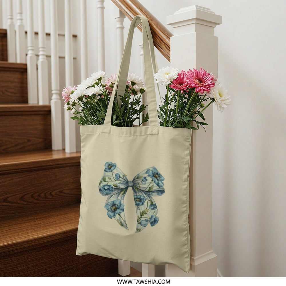 Floral Bow Tote Bag, Cute Design Bag, Fashion Tote, Blue Floral Bag, Everyday Carry, Stylish Tote, Gift for Her, Shopping Bag, Book Bag - Tawshia