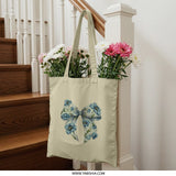 Floral Bow Tote Bag, Cute Design Bag, Fashion Tote, Blue Floral Bag, Everyday Carry, Stylish Tote, Gift for Her, Shopping Bag, Book Bag - Tawshia