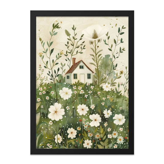 Cottagecore Wall Art, Floral House Print, Farmhouse Decor, Countryside Art, White Flowers Painting, Peaceful Home Artwork, Nature Scene - Tawshia