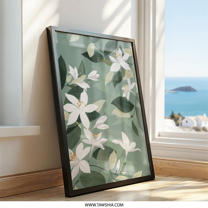 Floral Wall Art, White Lily Print, Botanical Art, Sage Green Decor, Elegant Flower Art, Home Decor Wall Hanging, Living Room Wall Decor - Tawshia