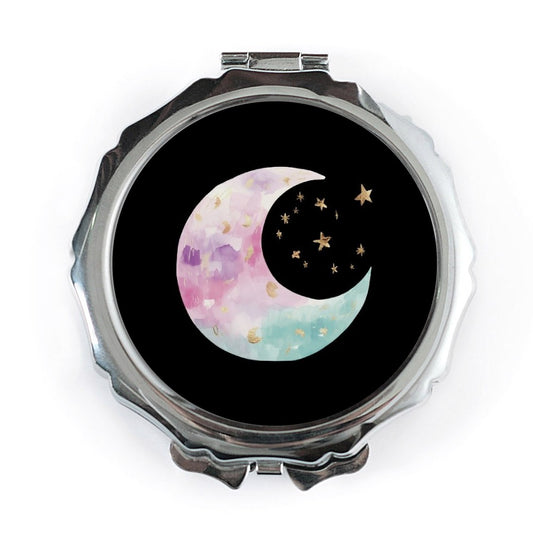 Crescent Moon Pocket Mirror, Celestial Stars, Watercolor Moon Makeup Mirror, Unique Design Mirror, Gift for Her, Cute Compact Mirror - Tawshia