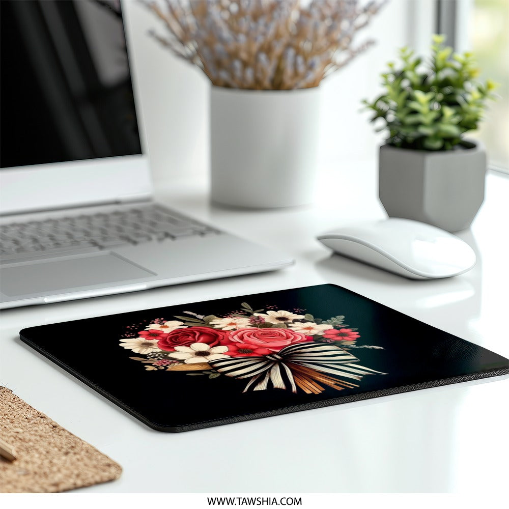 Floral Bouquet Mouse Pad, Elegant Roses Mousepad, Striped Bow Computer Mat, Flower Power Office Decor, Trendy Gift for Her Mouse Pad - Tawshia