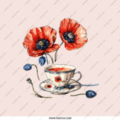Floral Tea Cup Pocket Mirror, Red Poppies Compact Mirror, Flower Design Makeup Mirror, Elegant Gift for Her, Stylish Purse Mirror - Tawshia