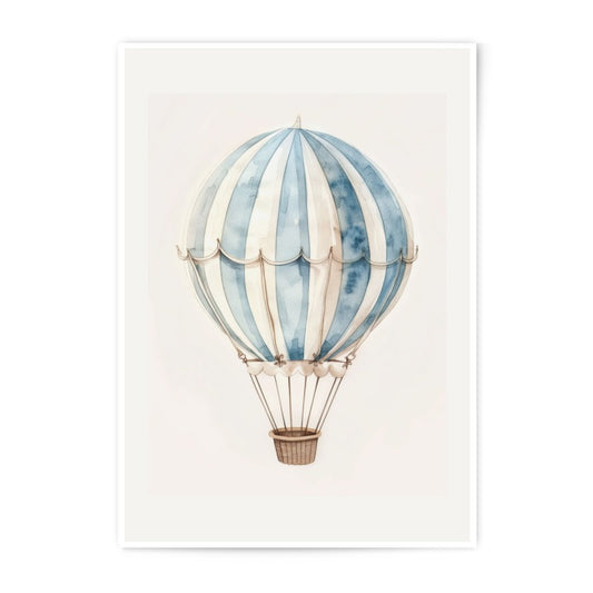 Watercolor Hot Air Balloon Photographic Print, Blue White Striped Balloon Art, Nursery Decor, Kids Room Wall Art, Travel Theme Print - Tawshia