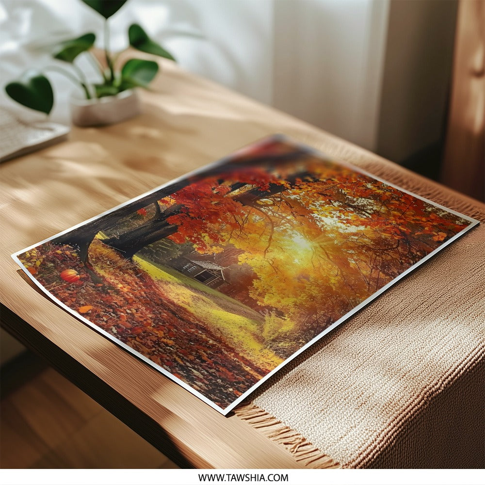 Autumn Cabin Photographic Print, Fall Foliage Art, Cozy Cabin Scene, Sunlit Forest, Seasonal Wall Decor - Tawshia