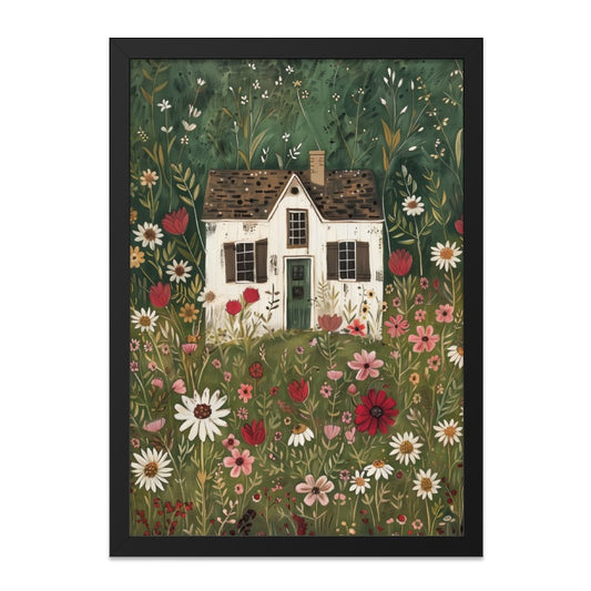 Whimsical Cottage Wall Art, Floral Meadow Print, Country House Artwork, Charming Home Decor, Botanical Landscape Painting - Tawshia