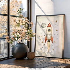 Rocket Ship Wall Art, Space Theme Decor, Nursery Art, Kids Room Decor, Moon Stars Wall Art, Outer Space Art Print, Rocket Poster - Tawshia