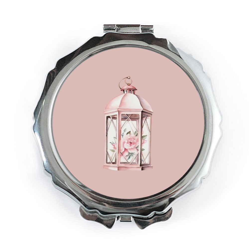 Floral Lantern Pocket Mirror, Pink Lantern Compact Mirror, Flower Design Mirror, Elegant Pocket Mirror, Gift for Her, Purse Mirror - Tawshia