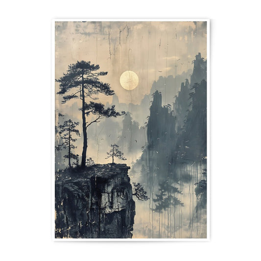 Misty Mountains Photographic Print, Asian Landscape Art, Pine Trees, Moonlit Scene, Fantasy Art, Wall Decor, Fine Art Print - Tawshia