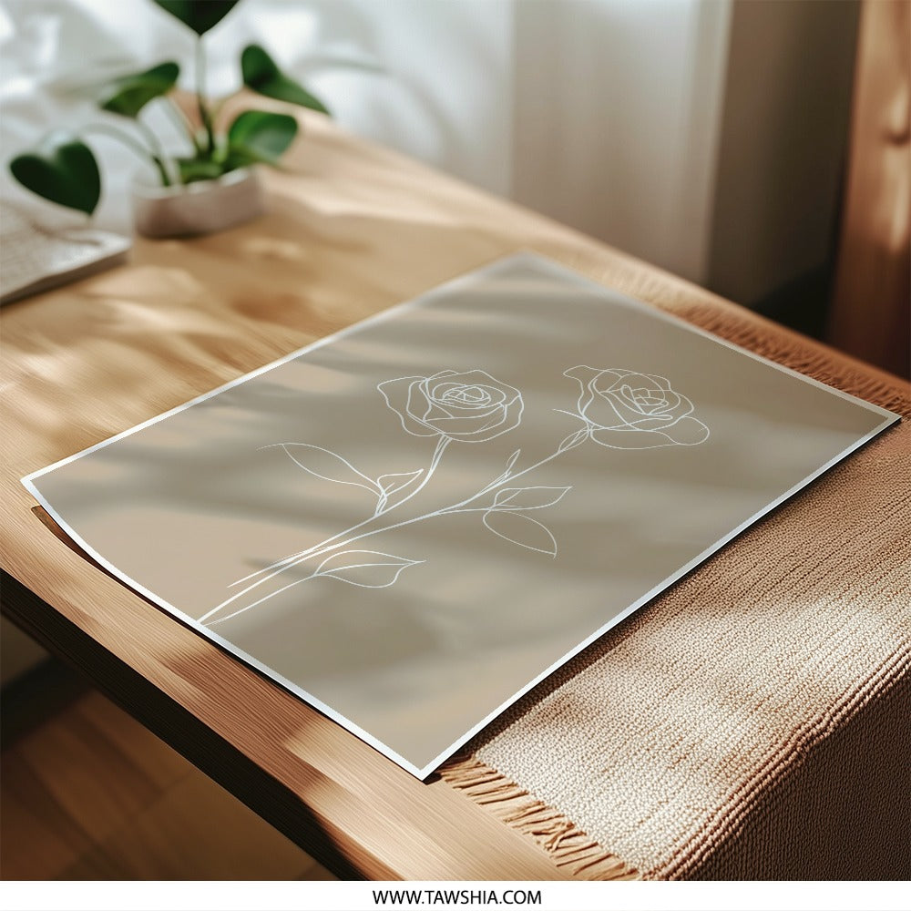 Rose Line Art Photographic Print, Minimalist Floral, Beige Wall Decor, Modern Art, Simple Botanical Print, Bedroom Decor, Home Art Print - Tawshia