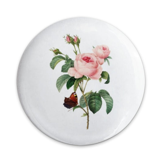 Pink Roses Pinback Button, Floral Badge, Botanical Illustration Button, Butterfly Accessory, Nature Inspired Pin, Cottagecore Aesthetic - Tawshia