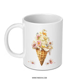 Floral Ice Cream Cone Mug, Spring Flowers Mug, Watercolor Ice Cream Art Mug, Cute Coffee Mug, Dessert Lover Gift, Whimsical Mug - Tawshia