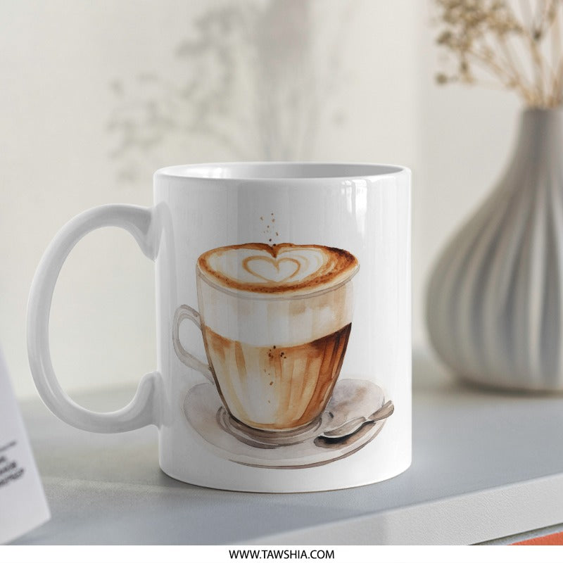 Latte Art Mug, Coffee Lover Gift, Watercolor Mug, Heart Coffee Mug, Beverage Mug, Drinkware, Coffee Cup, Unique Mug Design - Tawshia