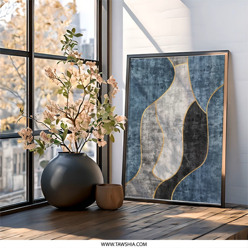 Abstract Shapes Wall Art, Blue Gray and Gold, Modern Art Print, Geometric Art, Home Decor, Minimalist Design - Tawshia