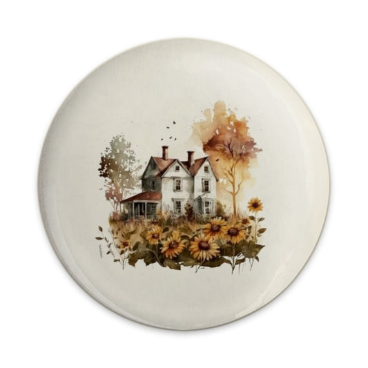 Watercolor Farmhouse Pinback Button, Sunflower Field, Country Cottage, Autumnal Design, Rustic Charm, Cute Button Badge - Tawshia