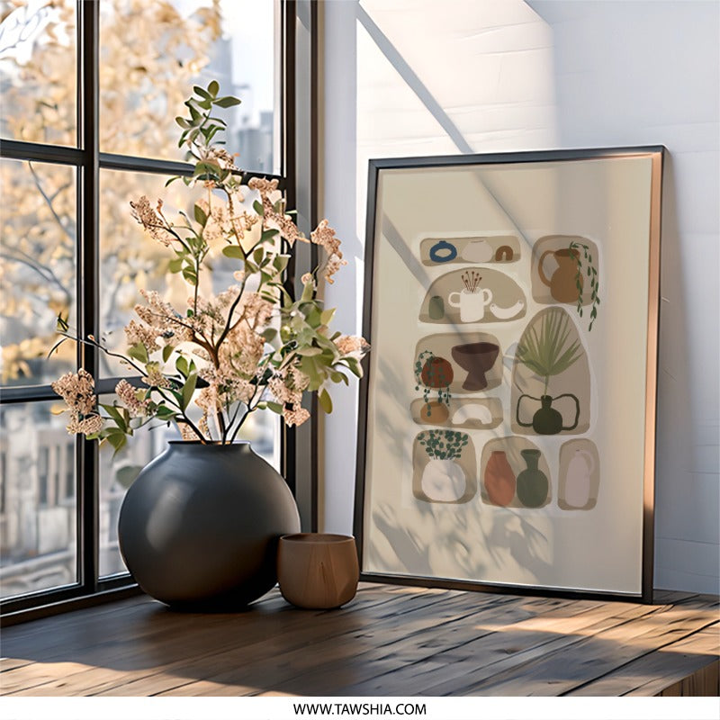 Shelves Wall Art, Boho Decor, Minimalist Print, Botanical Art, Plant Lover Gift, Home Decor, Pottery Art, Neutral Tones Wall Art - Tawshia