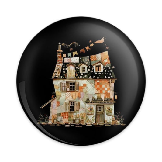 Cute Quilted Cottage Pinback Button, Whimsical House Badge, Unique Button, Storybook Home Button, Colorful Home Decor Button - Tawshia
