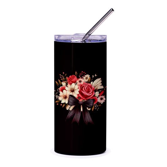 Floral Bouquet Tumbler, Roses and Daisies, Ribbon Bow Tumbler, Elegant Tumbler, Gift for Her, Flower Tumbler, Black Tumbler - Tawshia