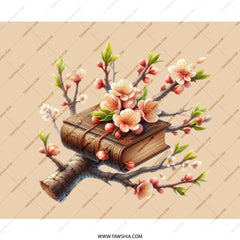 Book and Blossom Mouse Pad, Floral Mousepad, Book Lover Gift, Elegant Office Decor, Peach Blossom, Literary Gift, Unique Mouse Mat - Tawshia