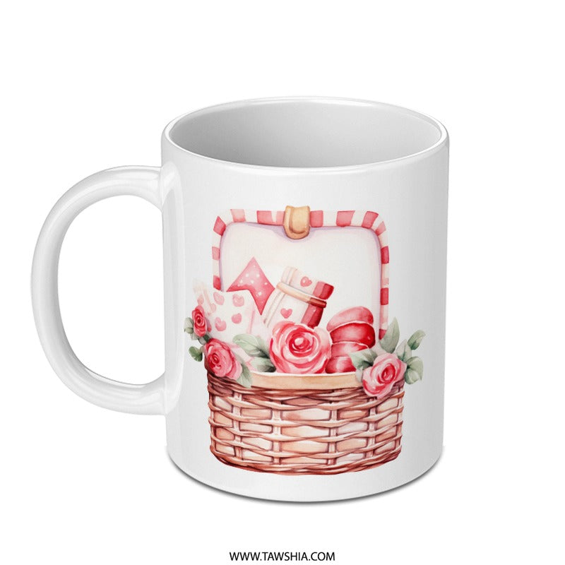 Floral Basket Mug, Roses Gift Mug, Cute Gift Mug, Watercolor Design Mug, Flowers Basket Mug, Valentine Mug, Special Occasion Mug - Tawshia