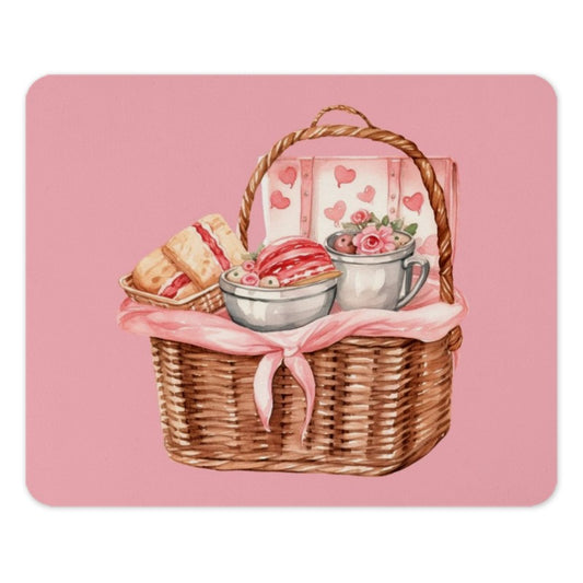Pink Picnic Basket Mouse Pad, Watercolor Mousepad, Heart Mousepad, Cute Desk Decor, Valentine Mouse Pad, Computer Accessory - Tawshia