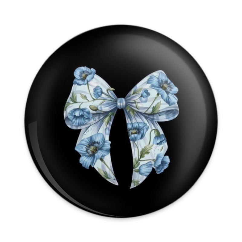 Floral Bow Pinback Button, Cute Flower Ribbon Badge, Blue Poppy Accessory, Fashion Statement, Trendy Lapel Pin, Gift Idea - Tawshia