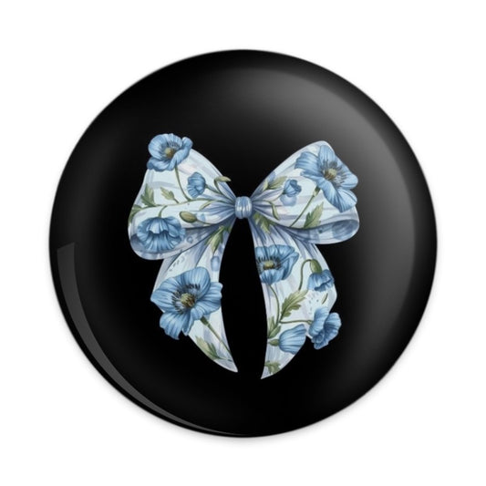 Floral Bow Pinback Button, Cute Flower Ribbon Badge, Blue Poppy Accessory, Fashion Statement, Trendy Lapel Pin, Gift Idea - Tawshia