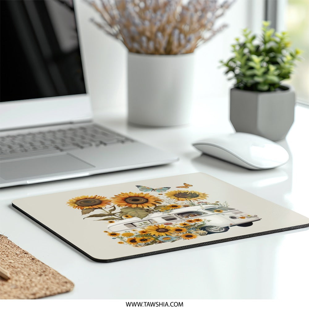 Sunflower VW Bus Mouse Pad, Floral Camper Van Desk Decor, Butterflies Boho Office Gift, Hippie Van Computer Accessory, Desk Mat - Tawshia