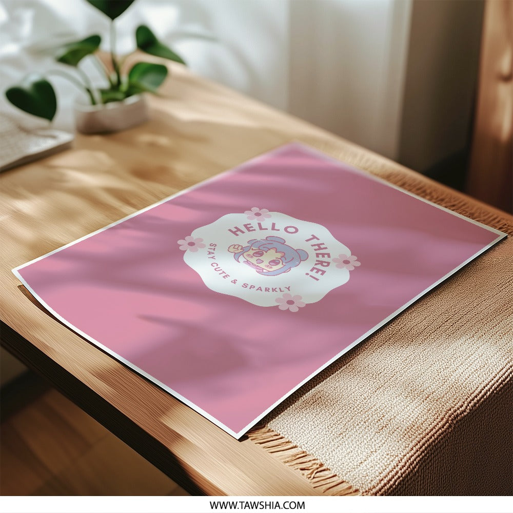Hello There Photographic Prints, Kawaii Wall Art, Stay Cute Sparkly Decor, Anime Aesthetic, Cute Prints, Pink Wall Decor, Home Decor - Tawshia