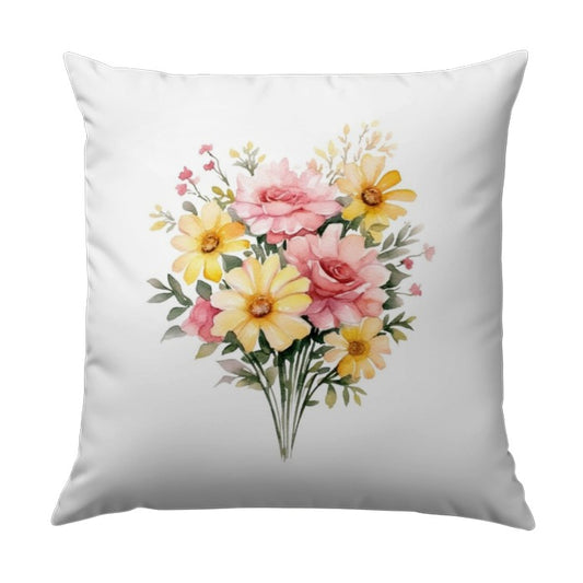 Floral Bouquet Pillow, Watercolor Flowers Accent Pillow, Elegant Home Decor Pillow, Botanical Throw Pillow, Pink and Yellow Flower Pillow - Tawshia