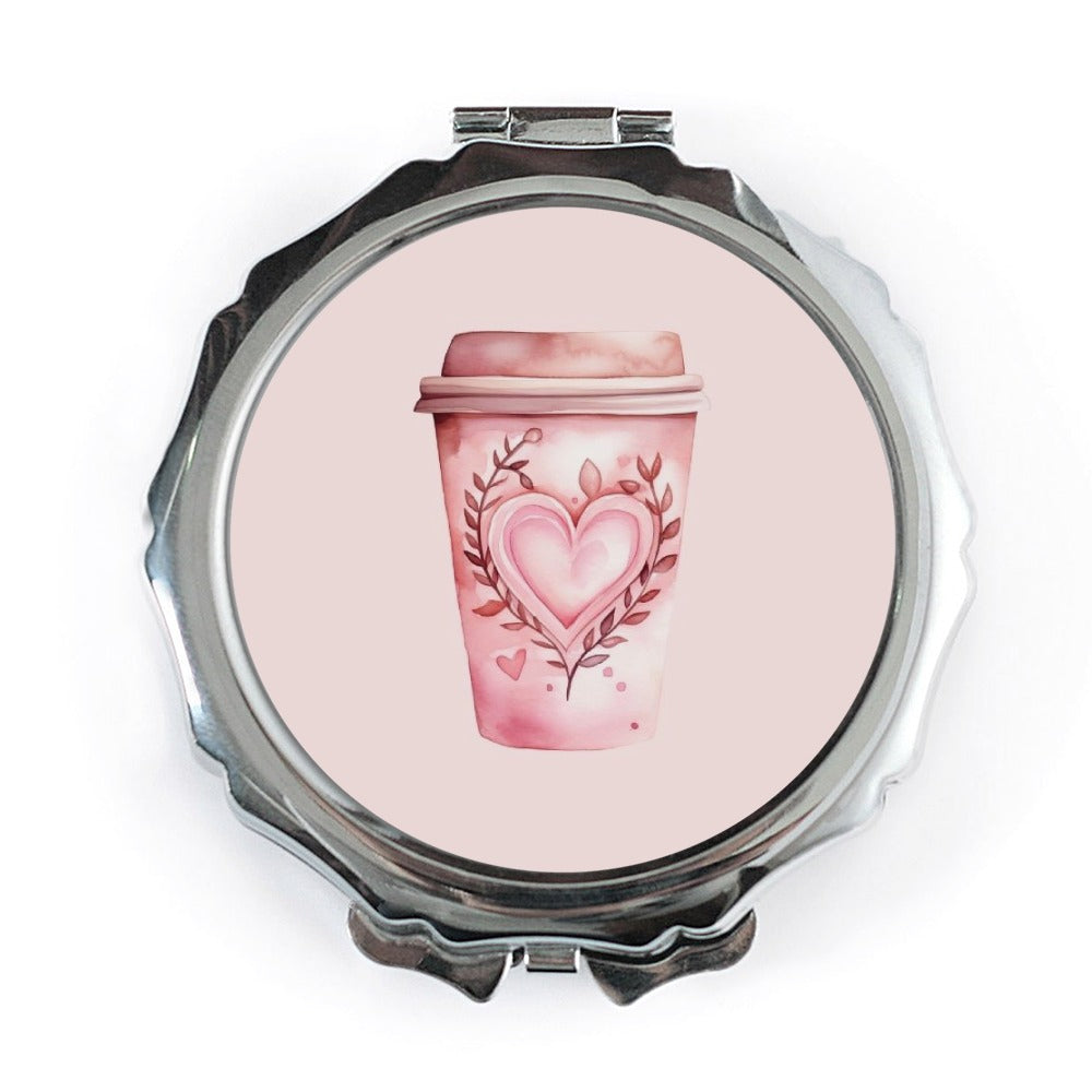 Coffee Love Pocket Mirror, Pink Coffee, Heart Design, Cute Compact Mirror, Gift for Coffee Lover, Pocket Mirror for Purse - Tawshia