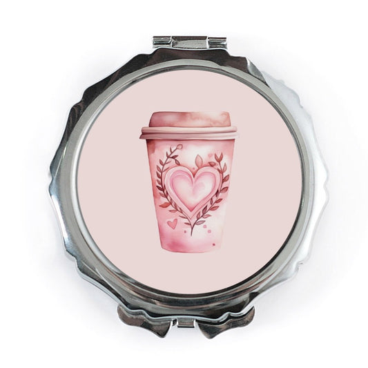Coffee Love Pocket Mirror, Pink Coffee, Heart Design, Cute Compact Mirror, Gift for Coffee Lover, Pocket Mirror for Purse - Tawshia