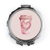 Coffee Love Pocket Mirror, Pink Coffee, Heart Design, Cute Compact Mirror, Gift for Coffee Lover, Pocket Mirror for Purse - Tawshia