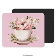 Floral Teacup Mouse Pad, Pink Flower Mousepad, Cute Desk Accessory, Office Decor, Gift for Her, Computer Accessory, Botanical Mouse Pad - Tawshia