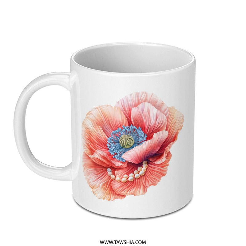 Floral Mug, Poppy Flower Mug, Elegant Mug, Botanical Mug, Pearl Accent Mug, Gift for Her, Flower Lover, Coffee Mug, Tea Mug, Unique Mug - Tawshia