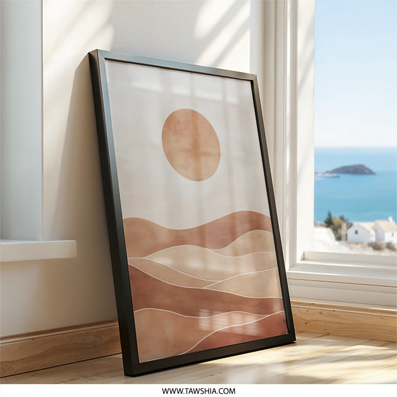 Minimalist Desert Wall Art, Boho Sunset Print, Abstract Landscape Art, Modern Home Decor, Neutral Tones, Framed Wall Art, Wall Decor - Tawshia