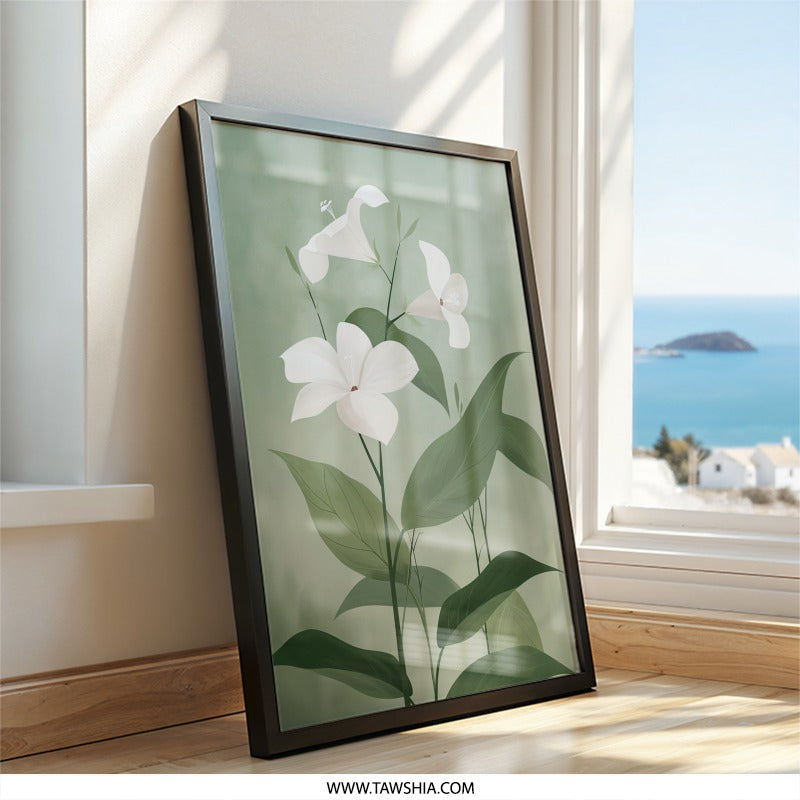 White Jasmine Flower Art, Floral Print, Botanical Wall Art, Greenery Decor, Minimalist Art, Flower Illustration Print, Wall Decor - Tawshia